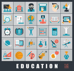 Collection of educational icons. 
Icons of school and education, distance learning, creative process, science, art and sport.
