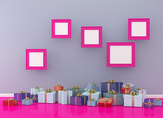 Christmas and New Year concept picture frame with gift box set on pink room interior background. for copy space and website. minimal concept.  Merry Christmas card.
