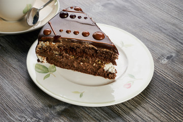 Slice of chocolate cake and cup of tea