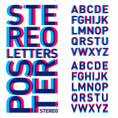 Stereoscopic letters. The alphabet is pink with blue. Letters for the poster.