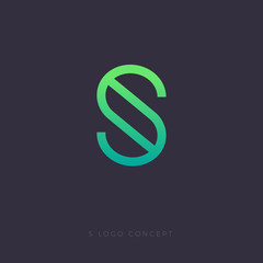 S logo. S letter linear emblem. S green monogram isolated, on dark background.