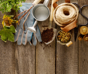 Gardening equipment on wood