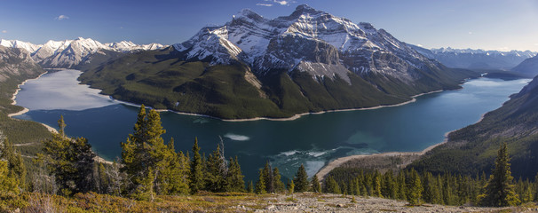 Panoramic Landscape View of Lake Minnewanka in Banff National Park Rocky Mountains Alberta Canada