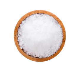 Fototapeta na wymiar Sea salt in wooden bowl on white background
