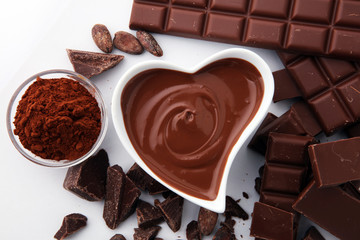Melting chocolate or melted chocolate and chocolate swirl. stack and powder.