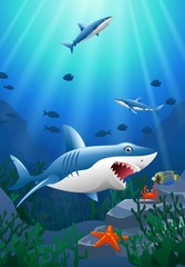 Cartoon shark with Coral Reef Underwater in Ocean