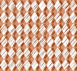 Diamonds, Crosshatch pattern, brown seamless background, vector.   Vertical stripes of white diamonds on a brown background. Diamonds drawn with shading. Geometric background. 