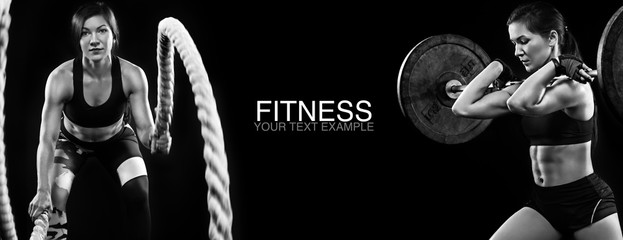 Sporty and fit women with dumbbell and battle rope exercising at black background to stay fit. Workout and fitness motivation. - obrazy, fototapety, plakaty