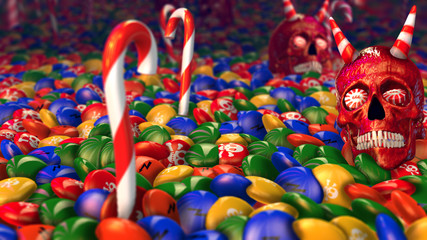 3D rendering of skull of candies. Halloween background illustration.