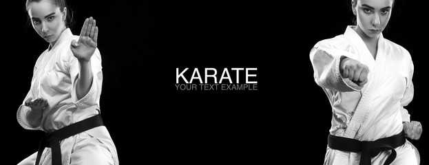 Portrait of sporty karate and taekwondo woman in white kimono with black belt on dark background. © Mike Orlov