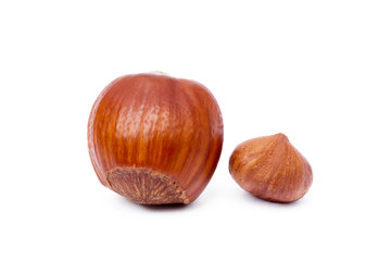 Group healty hazelnuts isolated on white background