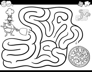 maze game coloring book with chef and pizza