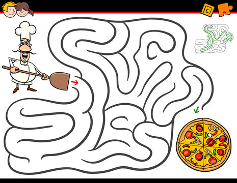 cartoon maze activity with chef and pizza