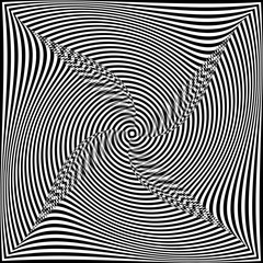 Abstract twisted black and white background. Optical illusion of distorted surface. Twisted stripes. Stylized 3d tunnel.