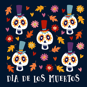Dia de Los Muertos greeting card, invitation. Mexican Day of the Dead. Ornamental sugar skulls with hat and autumn leaves and flowers. Hand drawn vector illustration, background.