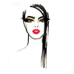 Woman portrait with red lips. Hand painted watercolor. Fashion illustration background.