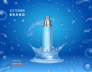 Ice toner cosmetic ads design. Realistic spray bottle water splash and drops on a blue background