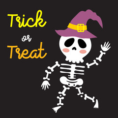 Cute Halloween in Trick or Treat design concept with skeleton wearing witch hat on black background for poster, banner, party invitation, greeting card. Vector Illustration.