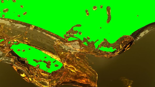 Animated stream of automotive oil or engine oil pouring and splashing quickly filling up whole container against green background. Liquid has no transparency.