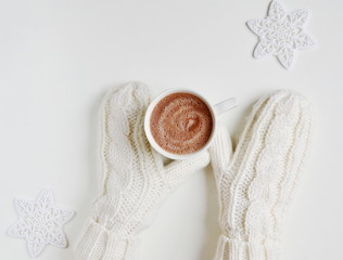 Woman Hands Holding Cup Beverage Hot Chocolate Christmas New Year Concept White Mittens  Winter Snow Flat Lay Style White Background