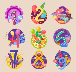 Happy birthday celebration 1-10 age number letters text characters badges vector icons.