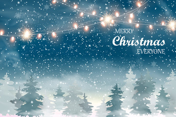 Merry Christmas Everyone. Christmas landscape with Falling Christmas snow, coniferous forest, light garlands. Holiday winter landscape. . Snowfall background. Vector illustration