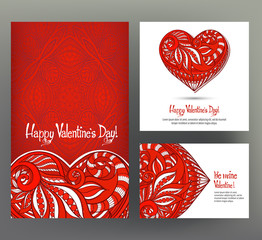Naklejka premium Set of 3 cards or banners for Valentine's Day with ornate red lo