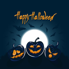 Fototapeta premium Poster for Halloween. Background with the moon in the night sky, bats, pumpkins, letting with a congratulation of 