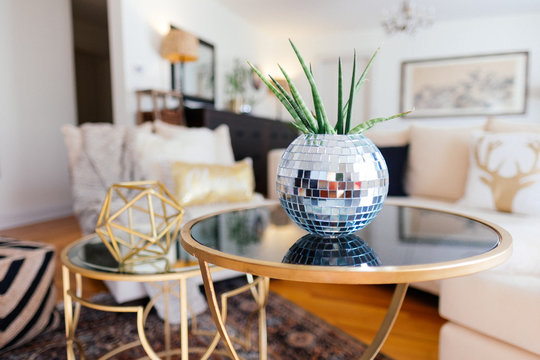 DIY'd glitter ball planter with succulent inside