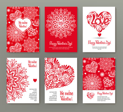 Set of 6 cards or banners for Valentine's Day with ornate red lo