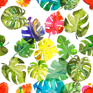 Rainbow colors watercolor monstera leaf hand made seamless pattern 