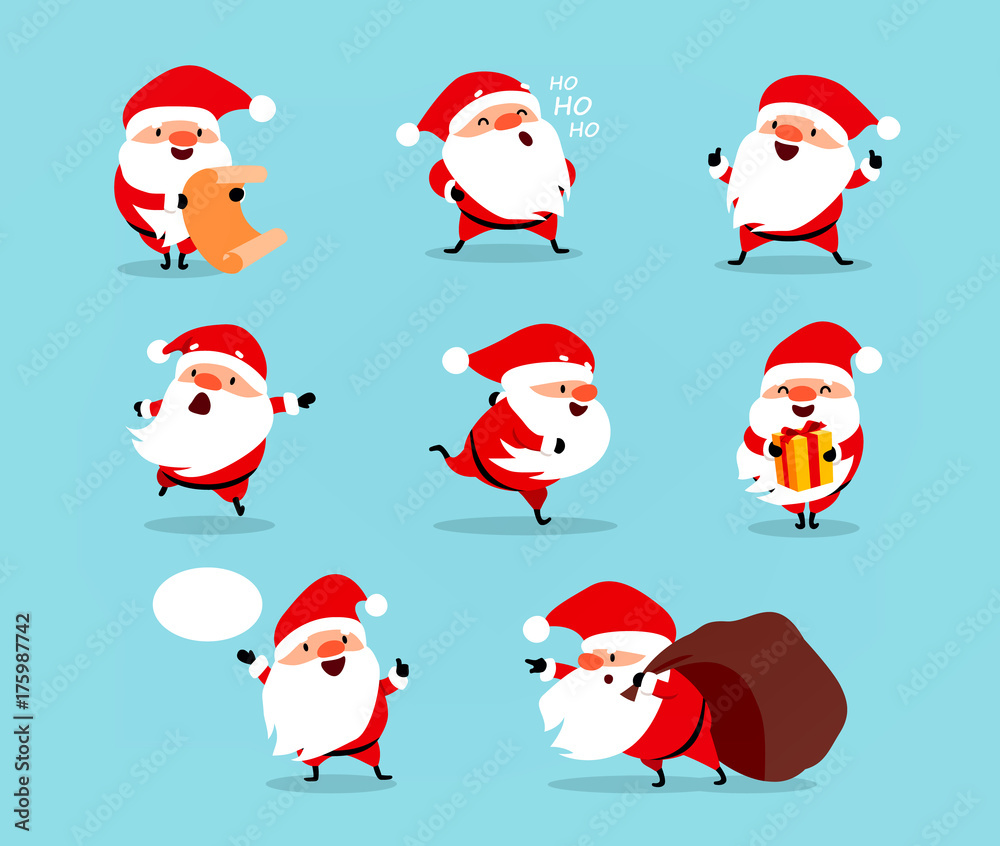 Wall mural Collection of Christmas Santa Claus. Set of funny cartoon characters with different emotions. Vector illustration isolated on light blue