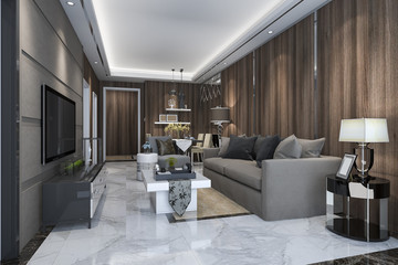 3d rendering luxury and modern living room with sofa and dining table