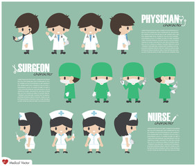 Physician , Surgeon and Nurse cartoon character . Vector