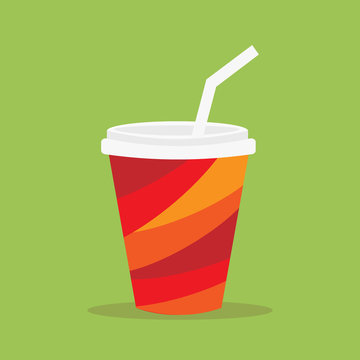 Paper Glass Icon. Paper Red Cups With Straws For Soda Or Cold Beverage.