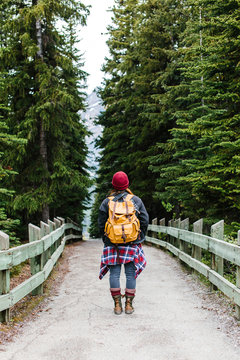 A woman walking down a trail lined with trees