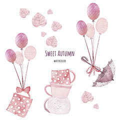 Sweet autumn set. Watercolor elements. Autumn set included balloons, sweet cups, umbrella, pink leaves. Perfect for you postcard design,invitations,projects,wedding card,poster.