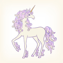 Unicorn with multi-colored curly mane Stock vector. Good for gre