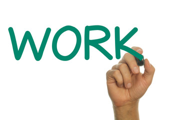 Fototapeta premium Hand writing the word WORK in Green on Screen