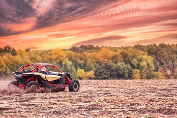 Racing quad bike in field under dramatic sunset sky © alexlukin