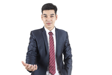 Asian Businessman Point to present for Business Plan, Man stand and smile, isolated on white background, Business vision concept.