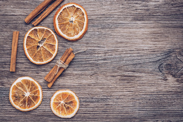 Christmas tree made of dried oranges, cinnamon. Viewed from above.