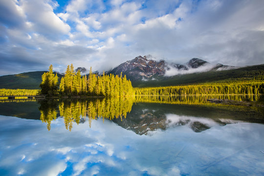 mountains and pine trees with reflection