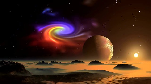 Nebula, Sunrise and Alien Planet. Bright colorful spiral nebula and a big planet, slowly rotate in the starry sky. The sun rises. Mountains and lakes are covered with thick orange fog.