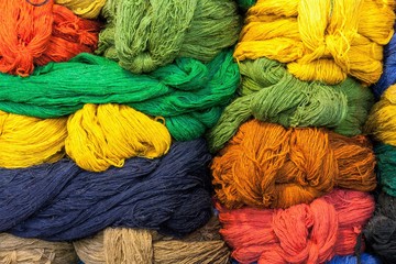 Colorful stacks of wool for fabrics and cloths in Iran