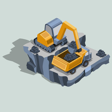 Mining excavator loads coal in a dump truck, mining equipment, quarry industrial machines and factory isometric projection isolated vector illustration