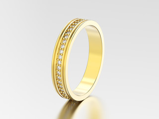 3D illustration yellow gold engagement wedding band diamonds ring with reflection and shadow