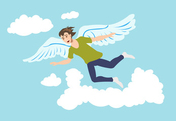 Young man flying with the wings in the sky like a bird.  Freedom, relaxation, mindfulness concept illustration vector.