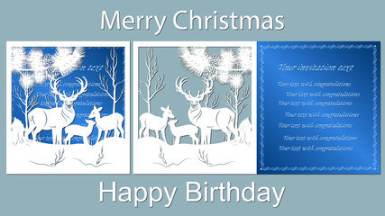 Text - Merry Christmas, happy birthday. vector, laser-beam cutting, animals, deer, horns. Fir-tree, cone. Snow, snowdrifts, birch. Greeting card