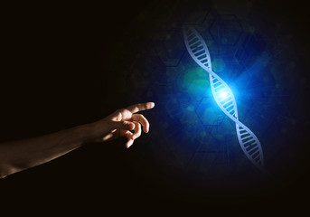Obraz na płótnie Canvas Science medicine and technology concepts as DNA molecule on dark background with connection lines